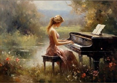 Girl playing piano by lake oil painting.jpg